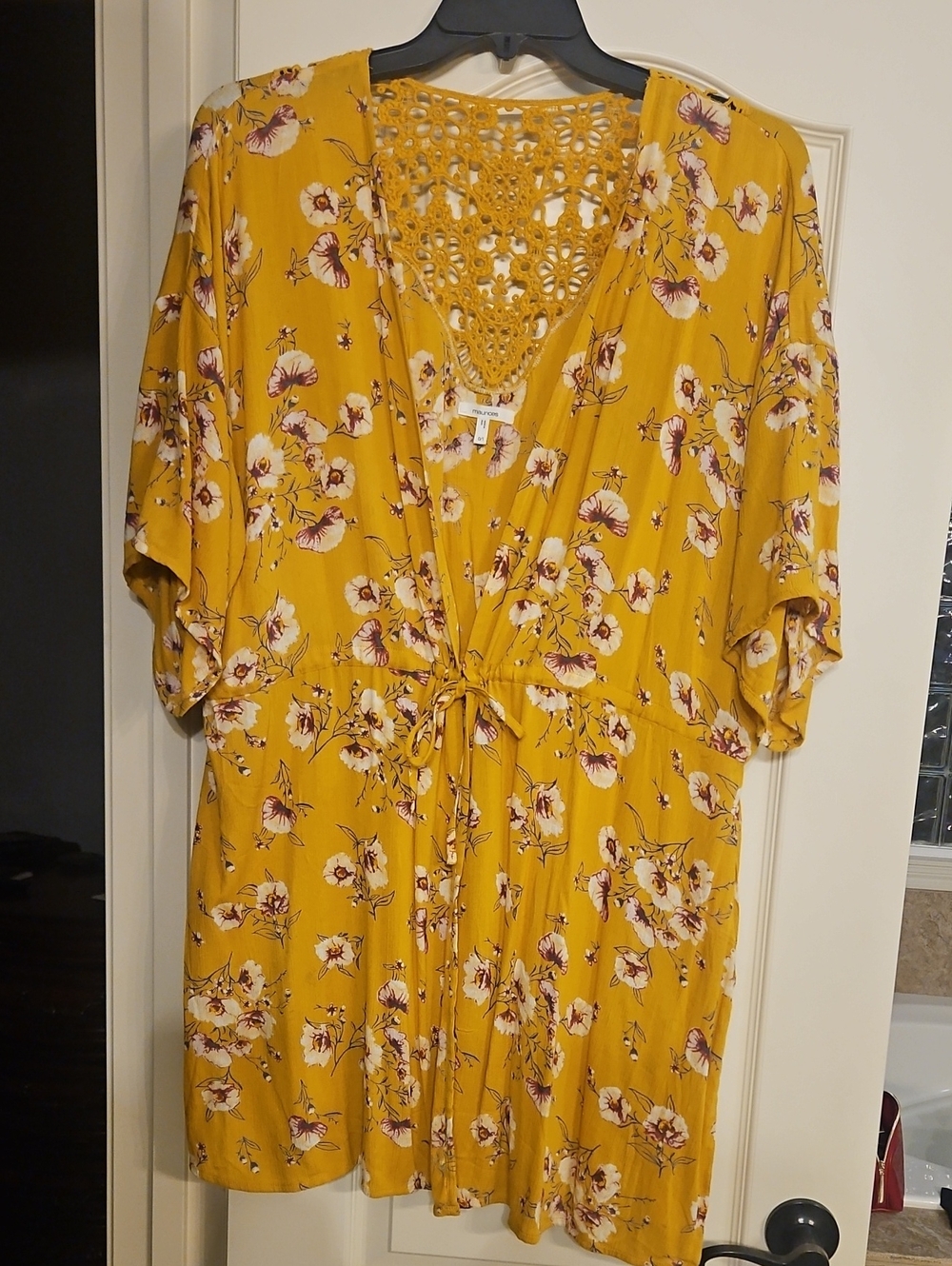 Women's Floral Crochet-Back Kimono - Mustard Yellow